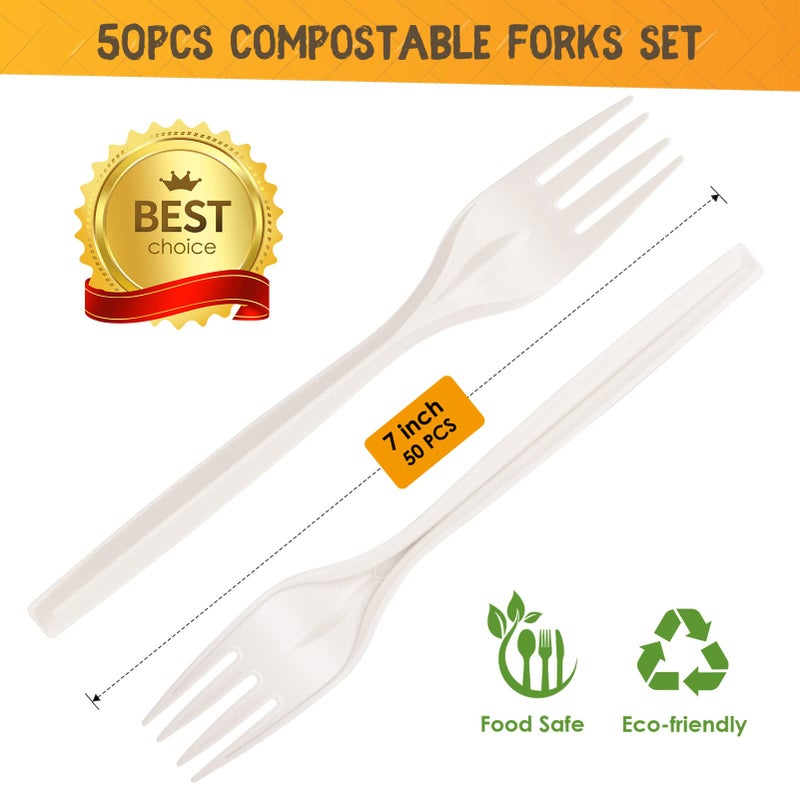 Gezond Compostable Forks 50 Count 7 Inch No Plastic Disposable Forks Heavy-duty Cutlery Set Eco-Friendly Utensils for Party Wedding Camping Office Picnic - Image 2